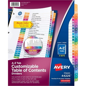 image:imageAvery AZ Dividers for 3 Ring Binders 26 Tabs per Set Customizable Table of Contents Multicolor Tabs Great for Organizing Reports Projects and More 3 Sets of 44225Classic