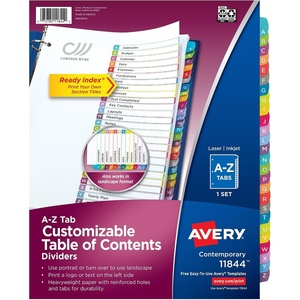 image:imageAvery AZ Dividers for 3 Ring Binders 26 Tabs per Set Customizable Table of Contents Multicolor Tabs Great for Organizing Reports Projects and More 3 Sets of 44225Contemporary