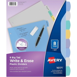 image:imageAvery Durable WriteOn Plastic Dividers with Erasable Tabs11 x 8 12 Multicolor 8 Tabs1 Set