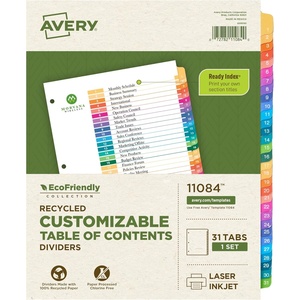 image:imageAvery EcoFriendly Recycled 131 Dividers for 3 Ring Binders 31 Tabs per Set Customizable Table of Contents Multicolor Tabs Great for Organizing Reports Projects and More 11084