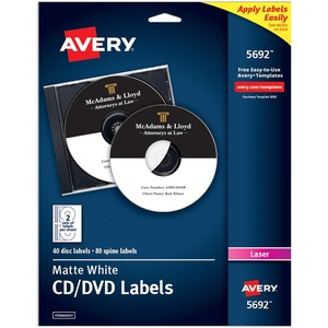 image:imageAvery Printable CD Labels Matte White Permanent Adhesive Laser Printable 40 Blank CD amp 80 Blank Spine Stickers Great for DVD PC Discs and More 5692