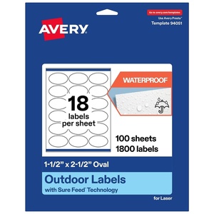 image:imageAvery Outdoor Waterproof Oval Labels with Sure Feed Technology 15 x 25 White Film Compatible with Laser Printers 450 Labels Total Great for Product Branding Packaging and More1 800 labels