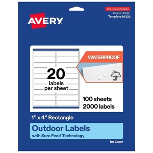 image:imageAvery Outdoor Waterproof Rectangle Labels with Sure Feed Technology 1 x 4 White Film Compatible with Laser Printers 1000 Labels Total Great for Product Branding Packaging and More2 000 labels