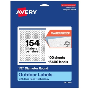 image:imageAvery Outdoor Waterproof Round Labels with Sure Feed Technology 05 Diameter White Film PrinttoTheEdge Compatible with Laser Printers 3850 Labels Total15 400 labels