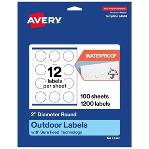 image:imageAvery Outdoor Waterproof Round Labels with Sure Feed Technology 2 Diameter White Film PrinttoTheEdge Compatible with Laser Printers 120 Labels Total1 200 labels