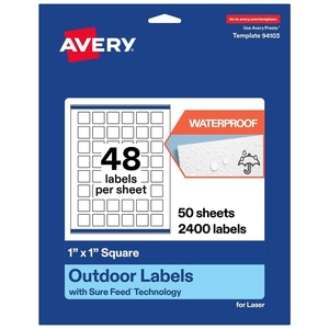 image:imageAvery Outdoor Waterproof Square Labels with Sure Feed Technology 1 x 1 White Film PrinttotheEdge Compatible with Laser Printers 1200 Labels Total2 400 labels