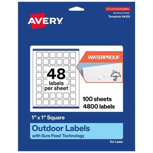 image:imageAvery Outdoor Waterproof Square Labels with Sure Feed Technology 1 x 1 White Film PrinttotheEdge Compatible with Laser Printers 1200 Labels Total4 800 labels