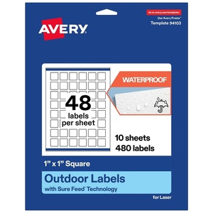 image:imageAvery Outdoor Waterproof Square Labels with Sure Feed Technology 1 x 1 White Film PrinttotheEdge Compatible with Laser Printers 1200 Labels Total480 labels