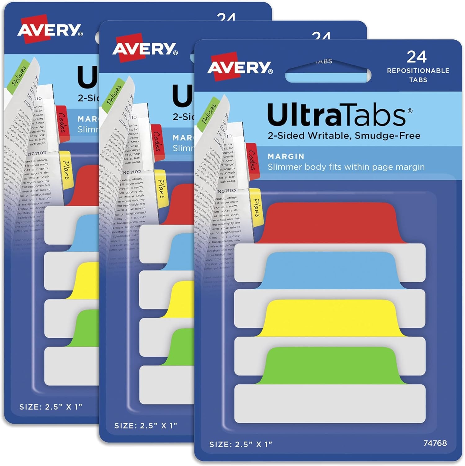 image:imageAvery Margin Ultra Tabs 25 x 1 2Side Writable Assorted Colors 24 Repositionable Page Tabs 74768Assorted Colors
