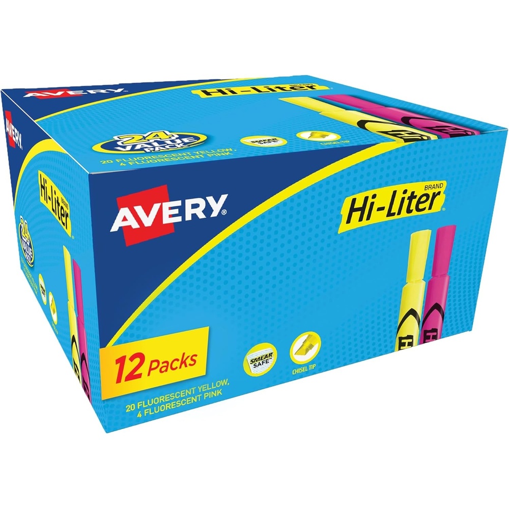 image:imageAvery HiLiter DeskStyle Highlighters Smear Safe Ink Chisel Tip 4 Assorted Color Highlighters 24063288 highlighters 12 packs