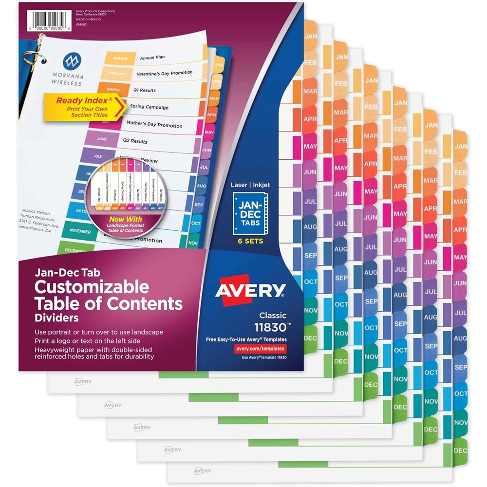 image:imageAvery JanDec Dividers for 3 Ring Binders 12 Tabs per Set Customizable Table of Contents Multicolor Tabs Great for Organizing Reports Projects and More 6 Sets of 118301 Ct Pack of 6