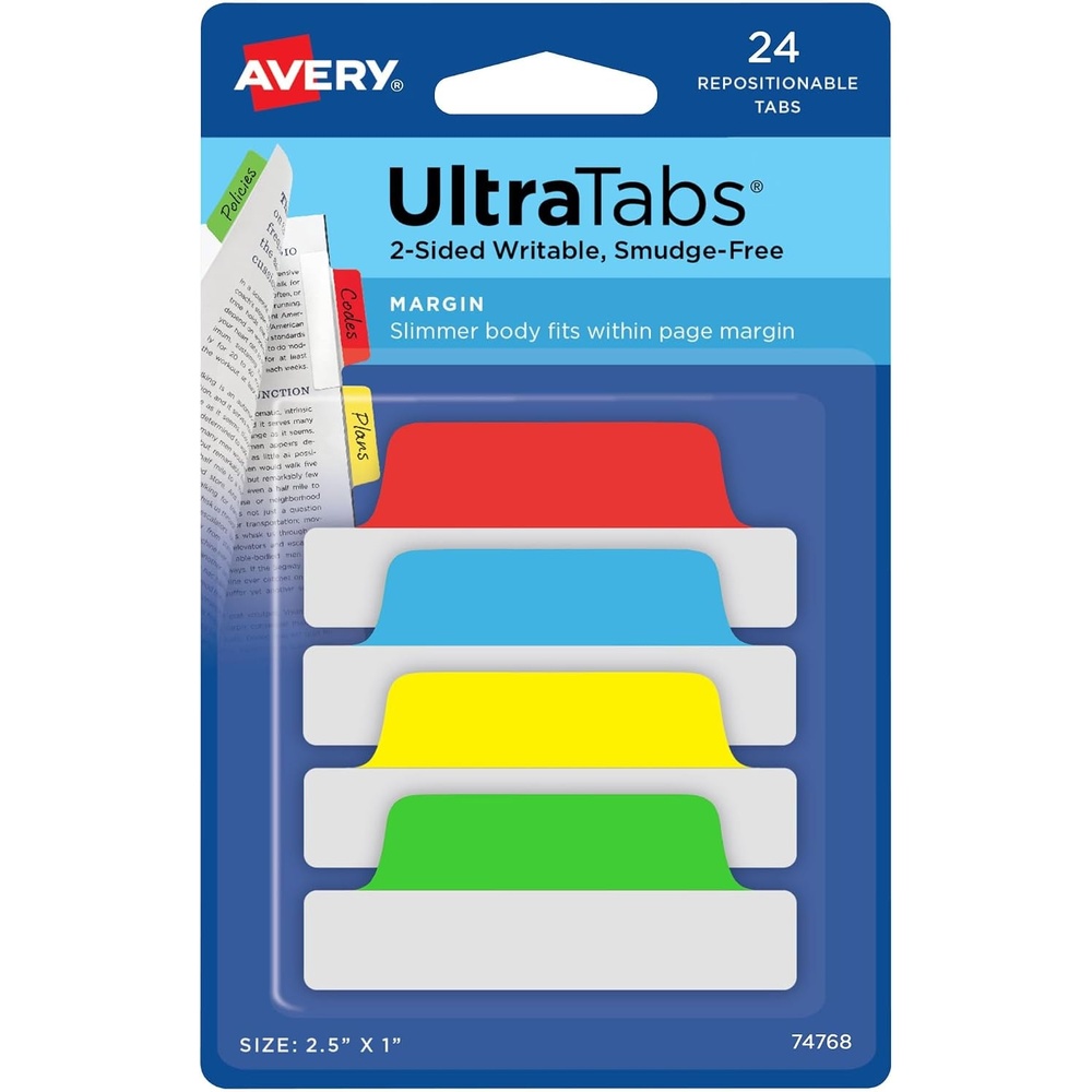 image:imageAvery Margin Ultra Tabs 25 x 1 2Side Writable Assorted Colors 24 Repositionable Page Tabs 74768Assorted Colors