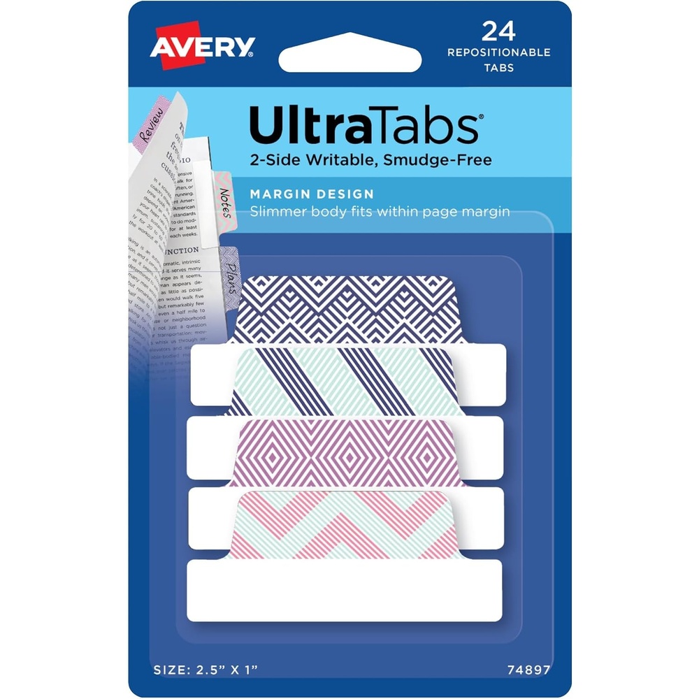 image:imageAvery Margin Ultra Tabs 25 x 1 2Side Writable Assorted Colors 24 Repositionable Page Tabs 74768Assorted Geometric