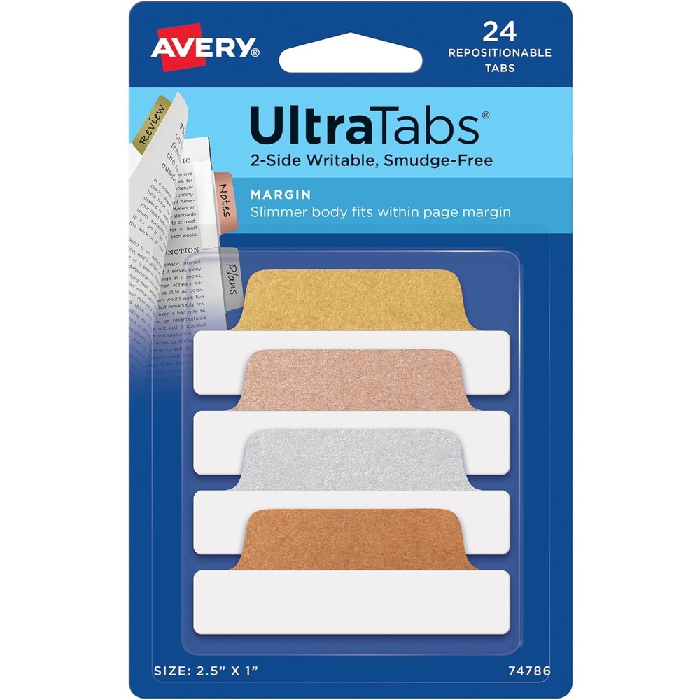 image:imageAvery Margin Ultra Tabs 25 x 1 2Side Writable Assorted Colors 24 Repositionable Page Tabs 74768Assorted Metallic