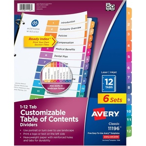 image:imageAvery 12 Tab Dividers for 3 Ring Binders Customizable Table of Contents Multicolor Tabs 6 Sets 1119612 tabs