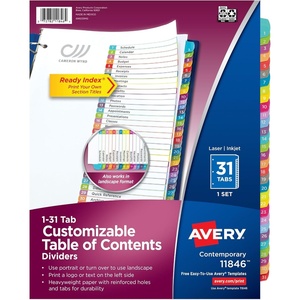 image:imageAvery 131 Dividers for 3 Ring Binders 31 Tabs per Set Customizable Table of Contents Multicolor Arched Tabs Great for Organizing Reports Projects and More 1184612 Pack