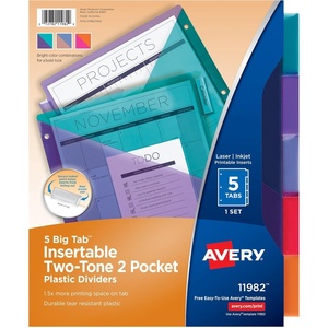 image:imageAvery Big Tab Insertable Plastic 2 Pocket Dividers for 3 Ring Binders 5 Tab Set TwoTone Multicolor Works with Sheet Protectors 1 Binder Divider Set 11982Pack of 24