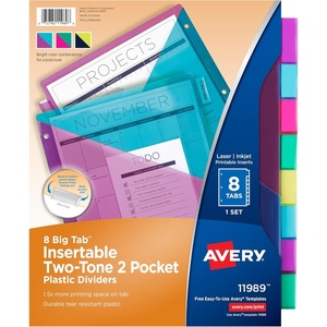 image:imageAvery Big Tab Insertable Plastic 2 Pocket Dividers for 3 Ring Binders 8 Tab Set Bright TwoTone Multicolor Works with Sheet Protectors 1 Set 11989Plastic Dividers