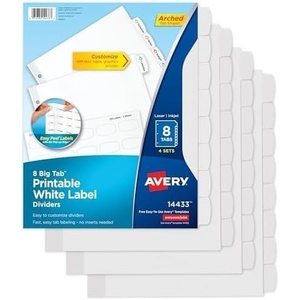 image:imageAvery Big Tab Printable White Label Dividers for 3 Ring Binders 8 Tabs per Set White Great for Office Supplies School Supplies Organizing and More 4 Sets of 144334 Sets Pack of 12
