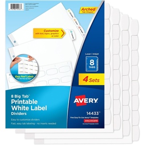 image:imageAvery Big Tab Printable White Label Dividers for 3 Ring Binders 8 Tabs per Set White Great for Office Supplies School Supplies Organizing and More 4 Sets of 144334 Sets