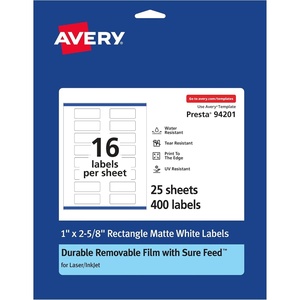 image:imageAvery Durable Removable Rectangle Labels Sure Feed Technology 1 x 258 Matte White Film WaterResistant PrinttoTheEdge LaserPigmentBased Inkjet Printable 400 Total400 labels
