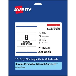 image:imageAvery Durable Removable Rectangle Labels Sure Feed Technology 2 x 35 Matte White Film WaterResistant PrinttoTheEdge LaserPigmentBased Inkjet Printable 200 Total200 labels