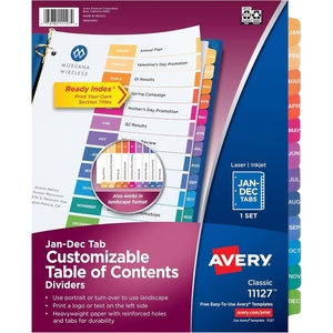 image:imageAvery JanDec Dividers for 3 Ring Binders 12 Tabs per Set Customizable Table of Contents Multicolor Tabs Great for Organizing Reports Projects and More 6 Sets of 118301pack
