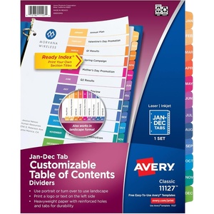 image:imageAvery JanDec Dividers for 3 Ring Binders 12 Tabs per Set Customizable Table of Contents Multicolor Tabs Great for Organizing Reports Projects and More 6 Sets of 118300