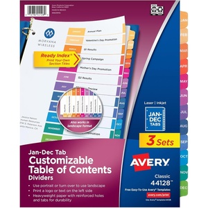 image:imageAvery JanDec Dividers for 3 Ring Binders 12 Tabs per Set Customizable Table of Contents Multicolor Tabs Great for Organizing Reports Projects and More 6 Sets of 118301Pack 3Sets