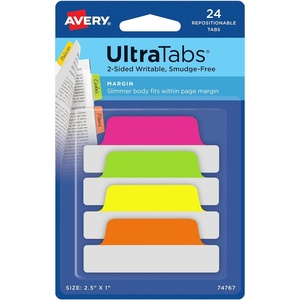 image:imageAvery Margin Ultra Tabs 25 x 1 2Side Writable Assorted Colors 24 Repositionable Page Tabs 74768Assorted Neon