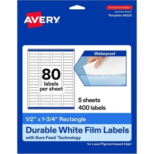 image:imageAvery Printable Durable White Rectangle Labels Sure Feed Technology 05 x 175 Waterproof Labels Laser amp PigmentBased Inkjet Compatible 800 Total400 labels