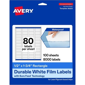image:imageAvery Printable Durable White Rectangle Labels Sure Feed Technology 05 x 175 Waterproof Labels Laser amp PigmentBased Inkjet Compatible 800 Total8 000 labels