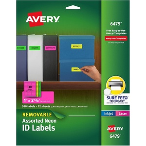 image:imageAvery Printable Labels Sure Feed Technology 1 x 258 Assorted Neon Colors Green Magenta and Yellow Removable Adhesive Laser amp Inkjet Compatible 360 Blank Labels Total 64791H x 2 58W