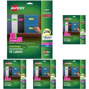 image:imageAvery Printable Labels Sure Feed Technology 1 x 258 Assorted Neon Colors Green Magenta and Yellow Removable Adhesive Laser amp Inkjet Compatible 360 Blank Labels Total 64791H x 2 58W Pack of 5