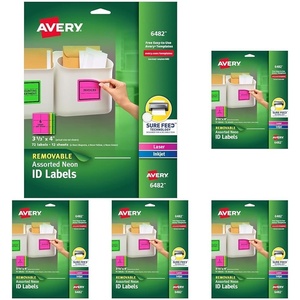 image:imageAvery Printable Labels with Sure Feed 313 x 4 Assorted Neon Colors Green Magenta and Yellow Removable Adhesive Laser amp Inkjet Compatible 72 Blank Labels Total 64823 13 x 4 Pack of 5