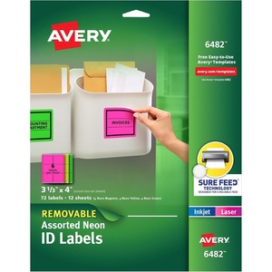 image:imageAvery Printable Labels with Sure Feed 313 x 4 Assorted Neon Colors Green Magenta and Yellow Removable Adhesive Laser amp Inkjet Compatible 72 Blank Labels Total 64823 13 x 4