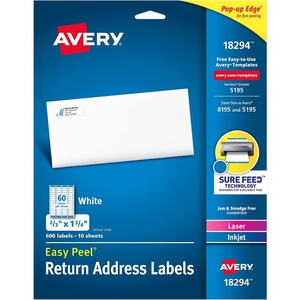 image:imageAvery Printable Return Address Labels with Sure Feed Technology 23 x 134 White Laser amp Inkjet Compatible 600 Blank Labels Total Great for Mailing Branding and More 18294One Size