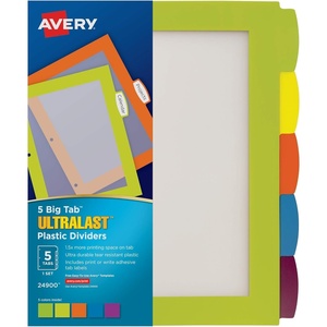 image:imageAvery Ultralast Big Tab Plastic Dividers for 3 Ring Binders 5Tab Set Multicolor with White Labels 1 Set 24900Multicolor