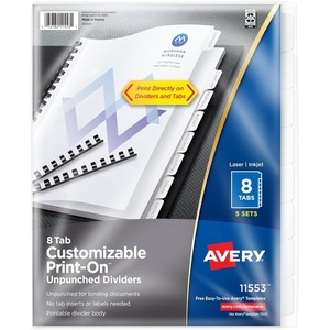 image:imageAvery Unpunched PrintOn Dividers White 8 Tabs 5 Sets 11553White