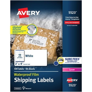 image:imageAvery Waterproof Labels with Ultrahold Permanent Adhesive 2 x 4 Laser 5Pack 2500 Labels Total 05523