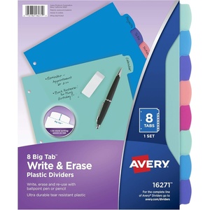 image:imageAvery Write amp Erase Dividers for 3 Ring Binders 8 Tabs per Set Multicolor Big Tabs Pastels Binder Dividers Great for Organizing Reports Projects and More 162718 tab