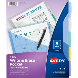 image:imageAvery Write amp Erase Pocket Plastic Dividers for 3 Ring Binders 5 Tab Set Works with Sheet Protectors Multicolor 1 Set 161765 Count Pack of 1