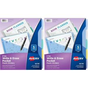 image:imageAvery Write amp Erase Pocket Plastic Dividers for 3 Ring Binders 5 Tab Set Works with Sheet Protectors Multicolor 1 Set 161765 Count Pack of 2