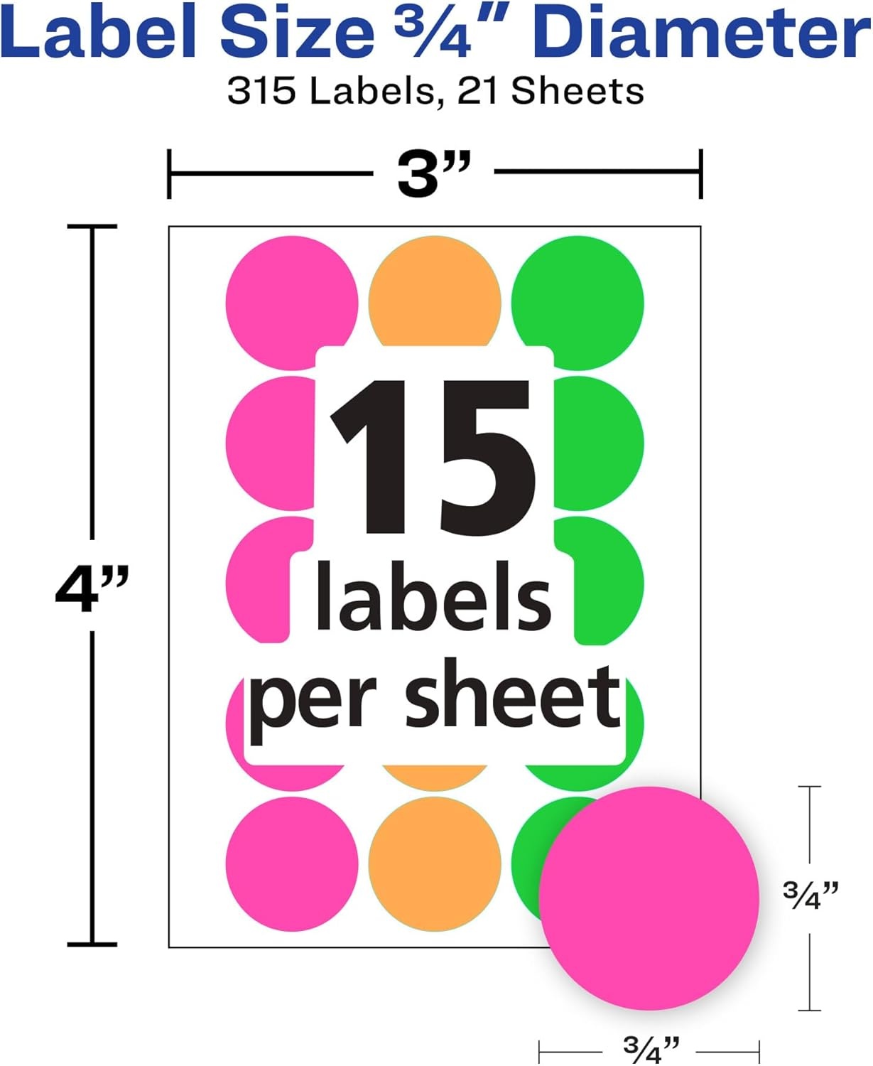 image:imageAvery ColorCoding Removable Labels 34 Inch Round Labels Assorted Neon Colors NonPrintable 315 Dot Stickers Total 673311 340 labels