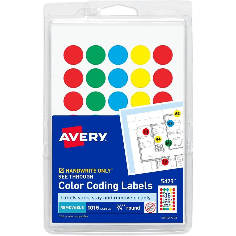 image:imageAvery SeeThrough ColorCoding Removable Labels 34 Inch Round Labels Assorted Translucent Colors NonPrintable 1015 Dot Stickers Total 5473