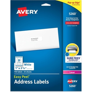 image:imageAvery Easy Peel Printable Address Labels with Sure Feed 1 x 258 Customizable Stickers White 750 Blank Mailing Labels Great for Mailing Shipping and More 5260