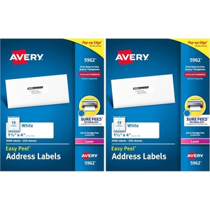 image:imageAvery Easy Peel Printable Address Labels with Sure Feed 113 x 4 White 1400 Blank Mailing Labels for Laser Printers 5162113 x 4 Pack of 2
