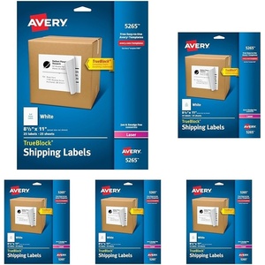 image:imageAvery FullSheet Printable Shipping Labels 85 x 11 Customizable Stickers White 25 Blank Mailing Labels Great for Mailing Shipping Organizing and More 5265Pack of 5