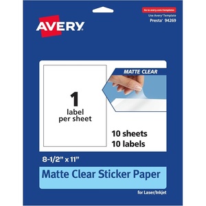 image:imageAvery Matte Clear Rectangle Sticker Sheets 85 x 11 10 Matte Clear Labels LaserInkjet Printable Labels10 sheets