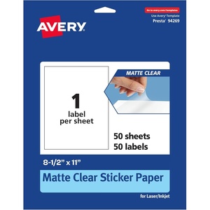 image:imageAvery Matte Clear Rectangle Sticker Sheets 85 x 11 25 Matte Clear Labels LaserInkjet Printable Labels50 labels